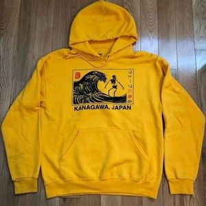 Artist Union Clothing Co Men's Med Kanagawa Wave Skeleton Surfer Yellow Hoodi